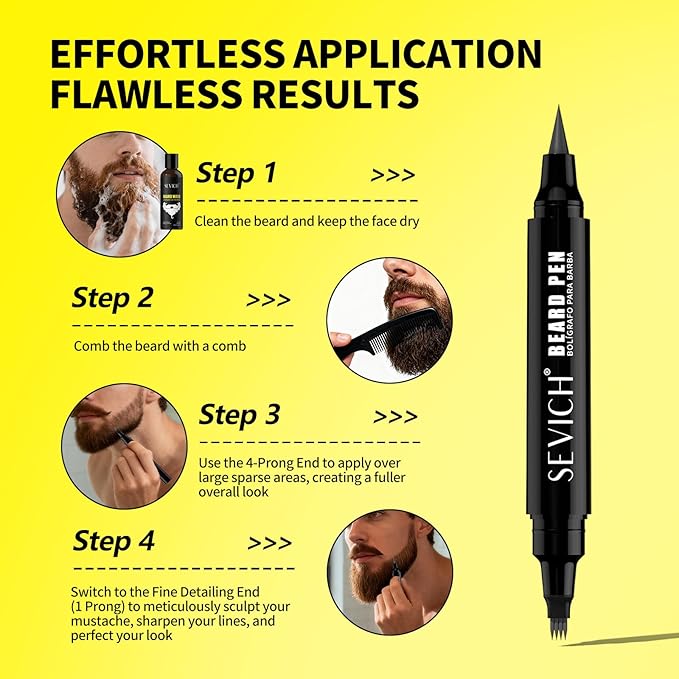 SEVICH Beard Pencil Filler for Men Black,Dual-Ended Beard Styling Tool with 4-Prong Fill Tip and 1-Prong Contour Tip for Natural Looking Beard,Waterproof & Sweatproof,Travel Size