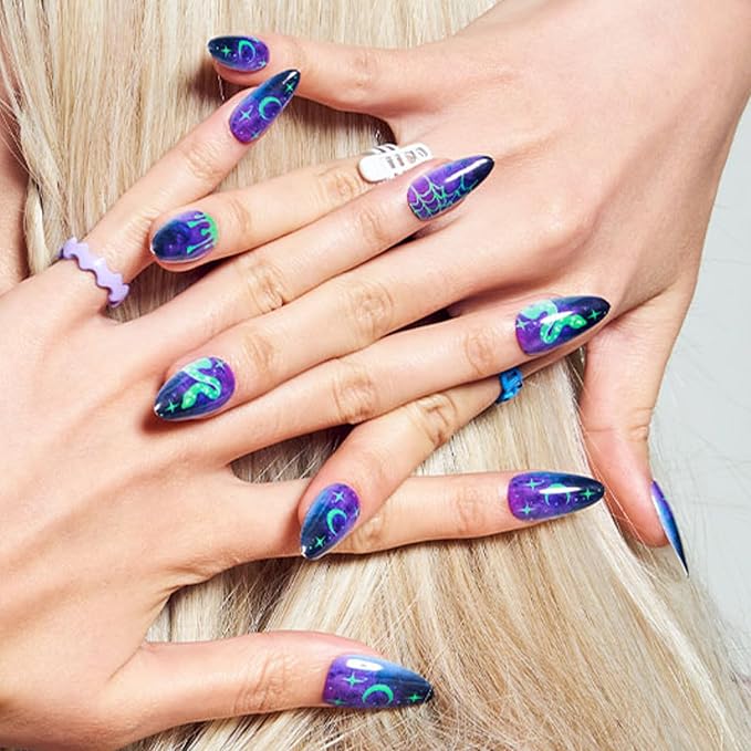 GLAMERMAID Deep Blue Press on Nails Medium Almond, Gothic Dark Purple Emo Gel Fake Nail, Gloss Halloween Snake Glue on Nails Short Oval, Reusable Acrylic Stiletto Stick on False Nail Kit for Women