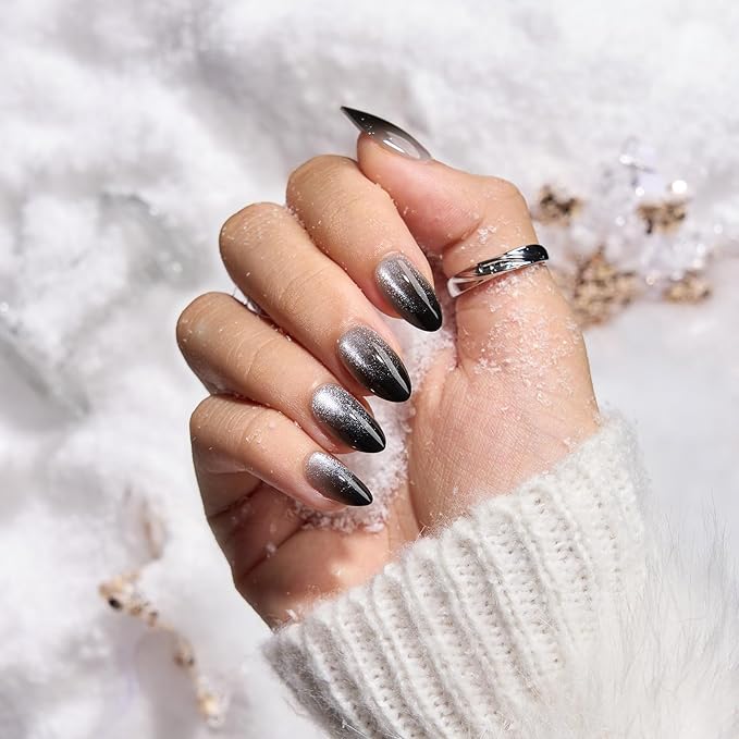 BTArtbox Press On Nails Short - Grave Shine, Sparkle Black Almond Press On Nails with Nail Glue, Soft Gel Glue On Nails in 16 Sizes - 32 Stick On Nails Kit