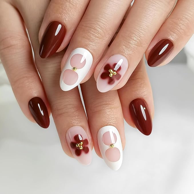 RPNZL Press On Nails - Blossom | Floral Design Almond UV Finish Nails, Salon Quality | 32 Nails, 16 Sizes Kit with Glue and Adhesive Tabs I Female Founded