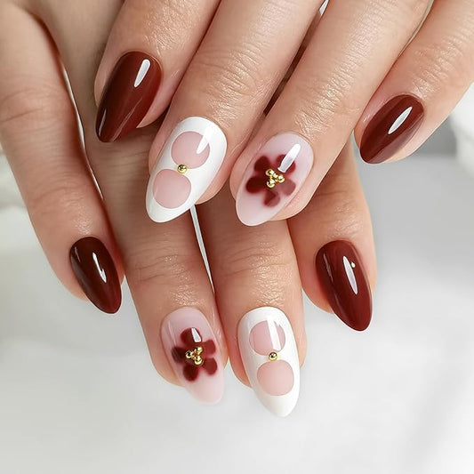 RPNZL Press On Nails - Blossom | Floral Design Almond UV Finish Nails, Salon Quality | 32 Nails, 16 Sizes Kit with Glue and Adhesive Tabs I Female Founded