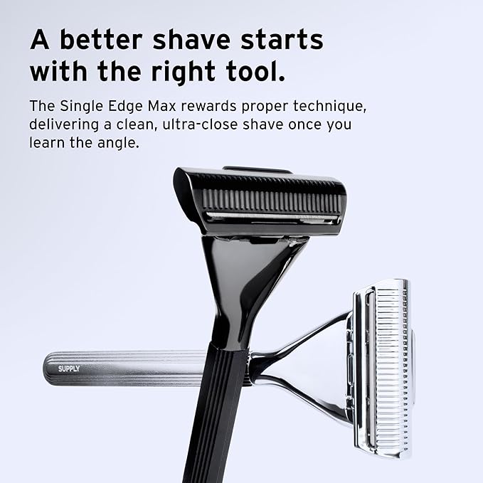 SUPPLY Single Edge Max Razor for Men – Premium Metal Single-Blade Safety Razor with Pivoting Head for Fewer Cuts and Irritation – Includes 8 Blades & Magnetic Reload System – Sterling