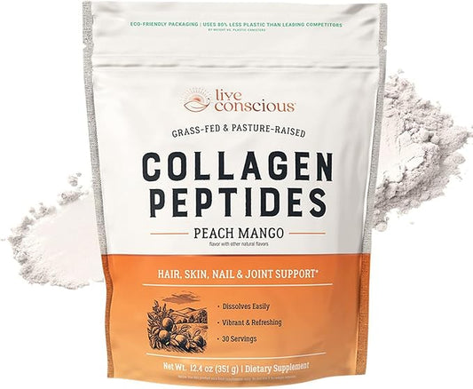 Live Conscious Collagen Peptides Powder - Peach Mango Flavored Collagen Powder - Hair, Skin, Nail, & Joint Support - Type I & III Grass-Fed Collagen Supplements for Women and Men - 30 Servings - 13oz
