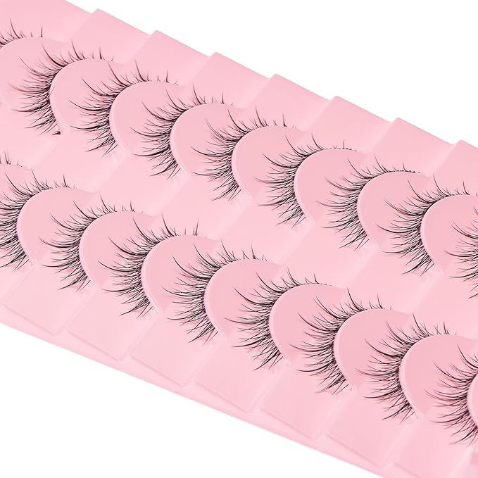 outopen 10 Pairs Manga Lashes Natural Look False Eyelashes Wispy Spiky Anime Lashes Korean Japanese Asian Style Cosplay Fake Eyelashes with Clear Band