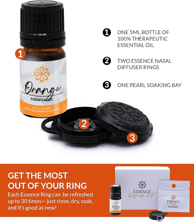 Essence Wearable Aromatherapy Nasal Diffuser – Orange Essential Oil Nose Ring Silicone Inhaler for Stress & Mood Support - Made in USA & Travel-Friendly