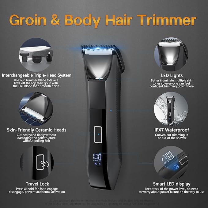 Beatslm Manscape Beard Trimmer for Men, Groin & Body Hair Trimmer, Ball Shaver, Nose Hair Clippers, All-in-One IPX7 Waterproof Men's Wet/Dry Groomer Kit, Rechargeable with Travel Case, LED Display