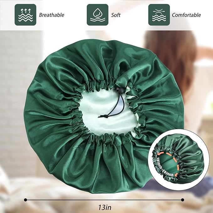 Edoneery Silk Bonnet for Sleeping Women, Ajustable Double Layer Satin Bonnet for Curly Hair(Green)