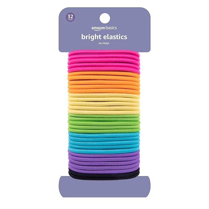 Amazon Basics No Damage Hair Elastics/Hair Ties - No Breakage, No Pain, No Pull, and No Metal parts. Tangle-Free Hold for all hair types. Bright Beautiful Colors, 32 Count, For All Hair Types.