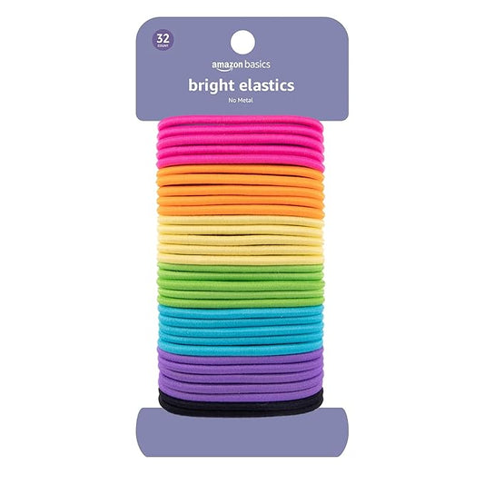 Amazon Basics No Damage Hair Elastics/Hair Ties - No Breakage, No Pain, No Pull, and No Metal parts. Tangle-Free Hold for all hair types. Bright Beautiful Colors, 32 Count, For All Hair Types.