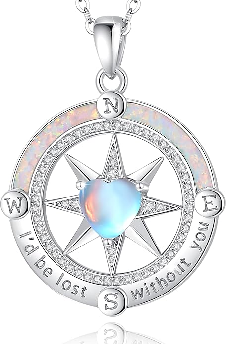 FANCIME Compass Necklace for Women Sterling Silver Compass Jewelry Opal Pendant Fine Jewelry Gemstone Birthday Christmas Gifts for Wife