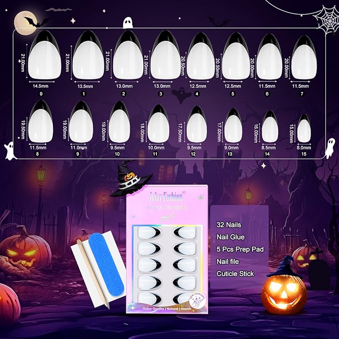 French Tip Press On Nails Almond - Noir French,Black Press On Nails Halloween, Acrylic Short Halloween Nails with Nail Glue, Fit Perfectly & Natural Stick On Nails in 16 Sizes - 32 PCS Soft Gel Kit