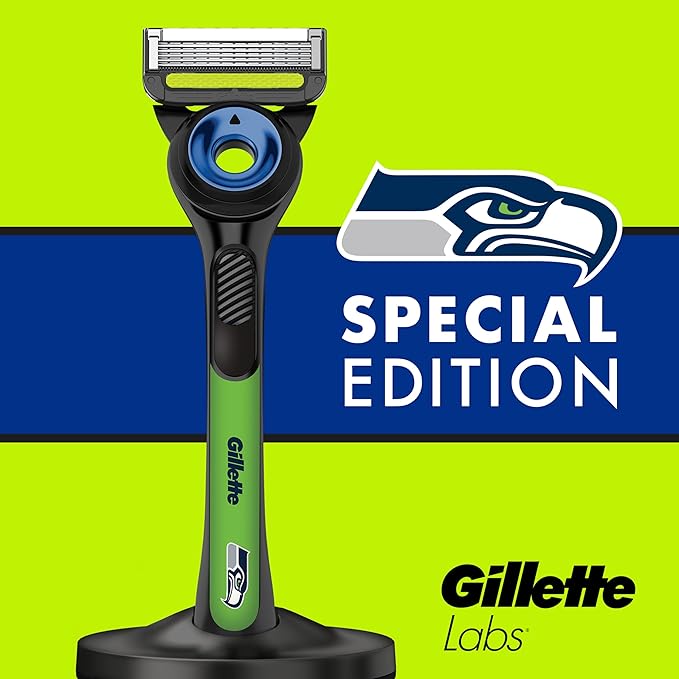 Gillette Labs Special NFL Seahawks Edition Shaving Razor for Men - 1 Handle, 4 Razor Blade Refills & Magnetic Stand, GilletteLabs with Exfoliating Bar