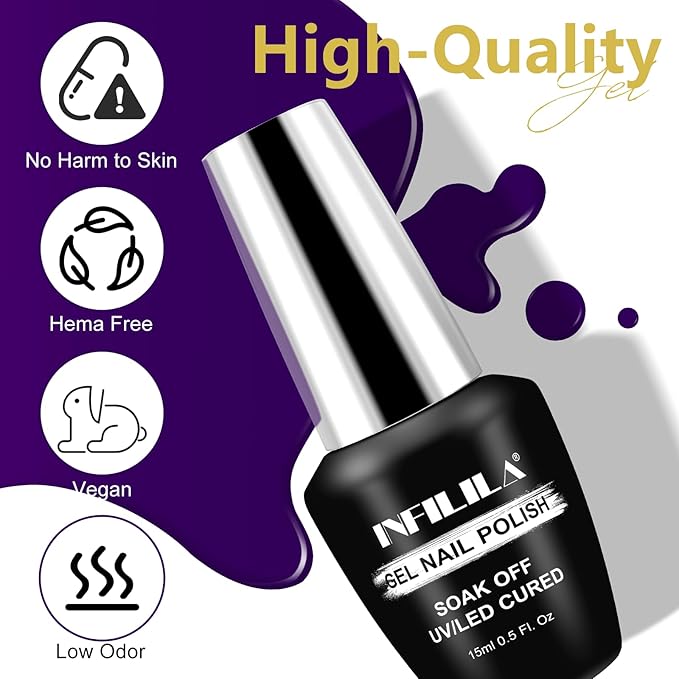 NXJ INFILILA Dark Purple Gel Nail Polish, 15ml Purple UV LED Gel Polish One-Stroke Coloring, Hema Free Lavender Color High Gloss Soak Off UV Manicure Salon DIY for Girls SQ191