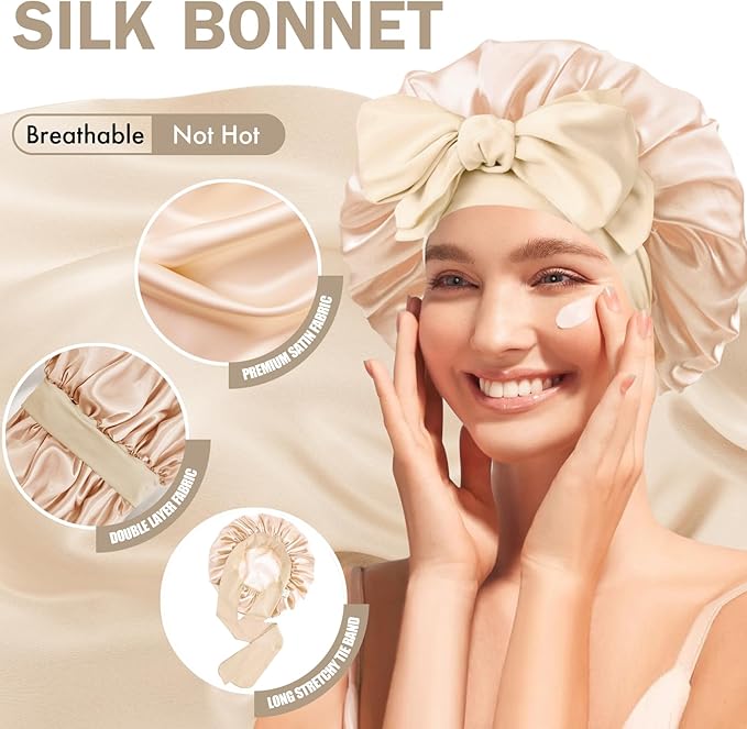 Silk Bonnet for Sleeping Women, Adjustable Soft Satin Lined Bonnet with Tie Band, Double Layer Sleep Night Cap