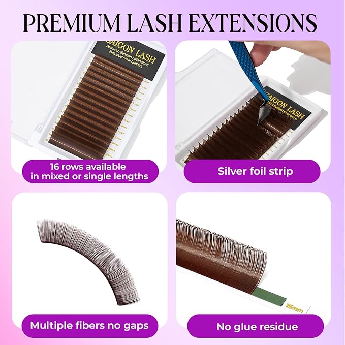 SAIGON LASH Eyelash Extensions, Mink Lash, Volume & Classic Lashes for Professionals, J/B/C/CC/D/L/M Curl, 4-15mm Length, Soft Korean PBT Fiber, 16 Rows Lash Tray (Dark brown-D-0.05-8-15mm)