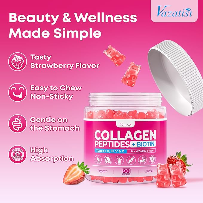 Vazatisi Collagen Peptides Gummies with Biotin & Vitamin C, Sugar Free Hydrolyzed Multi Collagen Type I II III V X for Women & Men, Supports Skin Hair Nails Digestive & Immune Health, 180 Count