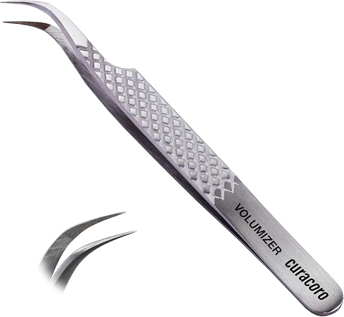 Curacoro Lash Tweezer - Professional & Precision Fiber Tip Grip Lash Tweezers for Eyelash Extensions, Multi Shapes & Purposes Tweezers for Volume, Isolation & Classic Lashes (Silver, Volumizer)