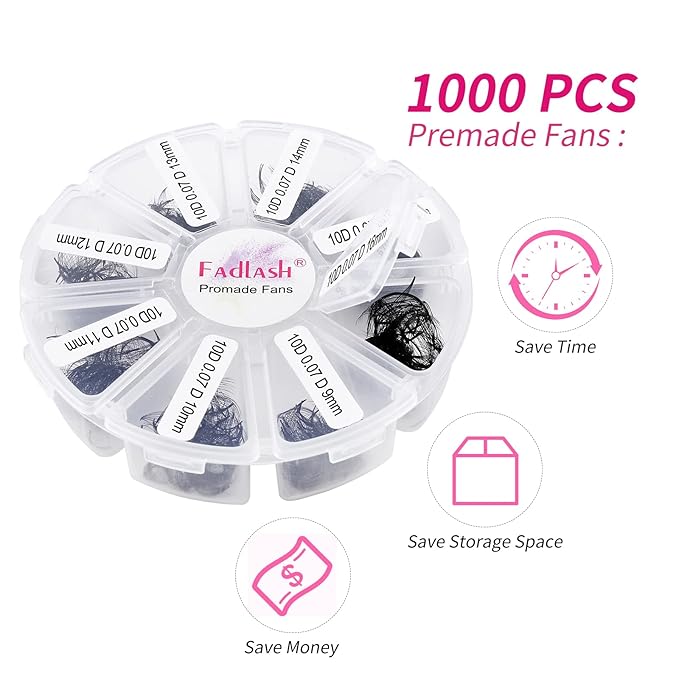 FADLASH Premade Fans Eyelash Extensions 1000pcs Premade Lash Fans Volume Lash Extensions D Curl Eyelash Extension Premade Fans Pre Made Fans (10D-07D-9-16mm)