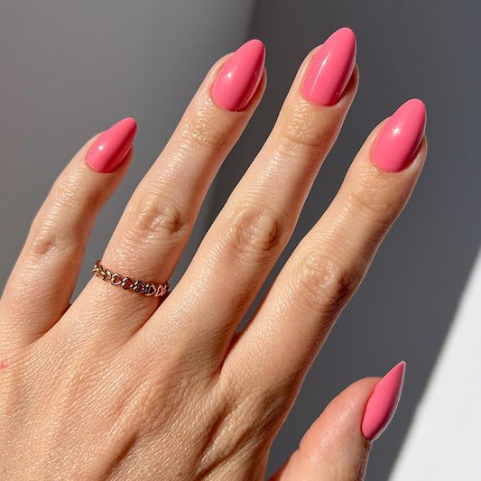 Glamnetic Press On Nails - Flamingo Pink | Opaque Classic Pink Short Almond Fake Nails, Salon Quality | 15 Sizes - 30 Nail Kit