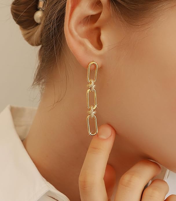 OZEL 14K Gold & Silver Plated Paperclip Chain Earrings with Cubic Zirconia – Dangle, Hoop, Huggie, Stud Styles – Women’s Fashion Jewelry Gift
