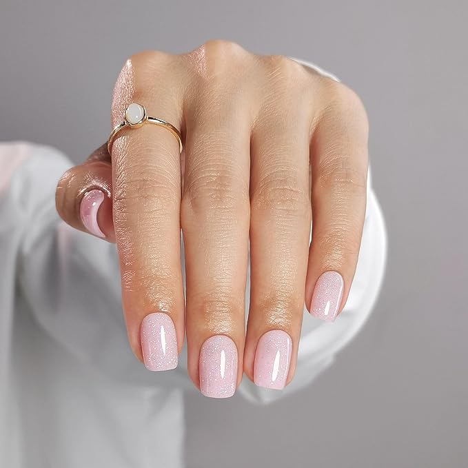 SHANGMENG Pink Press on Nails Square - Soft Gel Valentines Press on Nails Short for Women Gift, Fit Perfectly & Natural Stick on Nails with Glue in 16 Sizes - 32 Reusable Fake Nails, Shimmering Pink