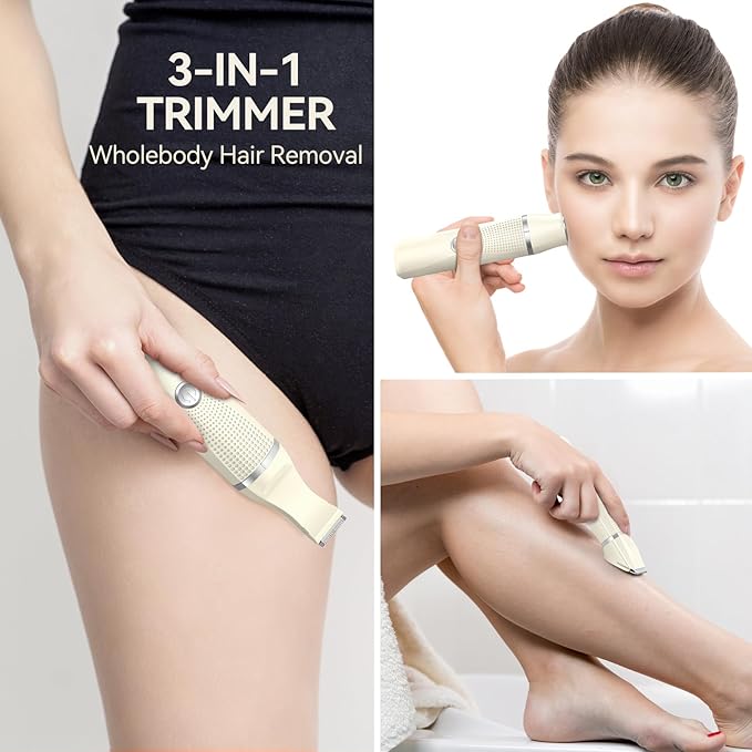 unibono 3-in-1 Electric Razor for Women - Waterproof Bikini Trimmer,Rechargeable Electric Shaver for Lady,Pubic Hair Trimmer Women,Personal Trimmer Groomer for Body Hair (Cream, LY)