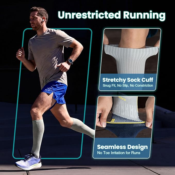 Rahhint Coolmax 20-30 mmHg Compression Running Socks, Long Distance Anti Blister Cushion Moisture Wicking Tall Athletic Socks