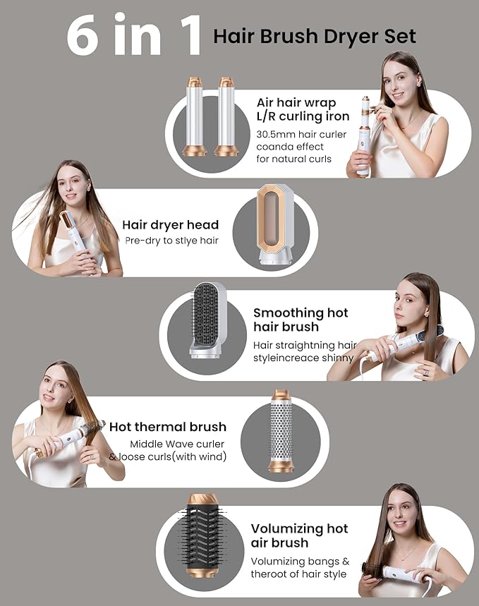 Ukliss Hair Dryer Brush 6 in 1 & Blow Dryer Brush | Controlled Airflow for Effortless Auto-Wrap Curls & Frizz-Free Shine, Salon Styling at Home for All Hair Types with ALCI Plug