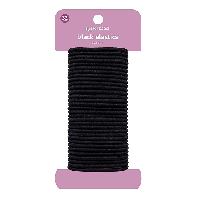 Amazon Basics No Damage Hair Elastics/Hair Ties - No Breakage, No Pain, No Pull, and No metal parts. Tangle-Free Hold for all hair types. Black, 32 Count, Ponytail Holders For All Hair Types.