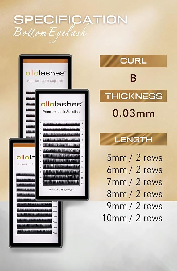 OLLOLASHES Bottom Lash Extension B C J Curl Mix4-10mm 0.03 0.05 0.07 0.10 0.15 thickness Black Color Super Matte Bottom Lash Extensions, Professional Supplies for Lash Techs (Bottom-B-0.07, 5-10mm)