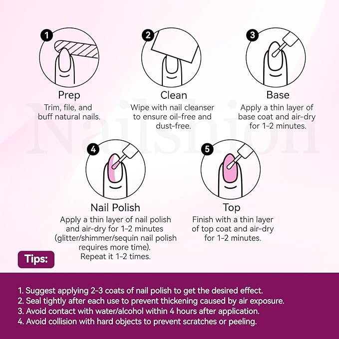 Nailshion Metallic Purple Rose Nail Polish with Base Top Coat 3-in-1 Clear Fast Air Dry Fingernail Polish Duo, Non-Gel, Nail Strengthener Polishes, Opaque, Glossy Luxury Nail Art Gift for Women Girls