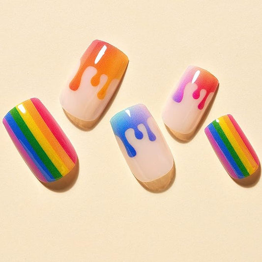GLAMERMAID Rainbow Press on Nails Medium Square, Paint Color Ombre Nude Gel False Nals with Design, Colorful Glue on Nails Kit for Women, Colorful Reusable Stick on Acrylic Fake Nails Manicure Set