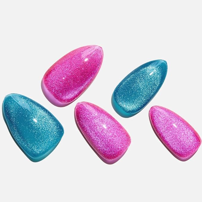 GLAMERMAID Pink Blue Magnet Cat Eyes Press On Nails Short Almond, Aurora Magnetic Handmade Soft Jelly Gel Fake Nails, Ombre Round Oval Stick Glue on Nail Kit for Women, Reusable Acrylic False Nail Set
