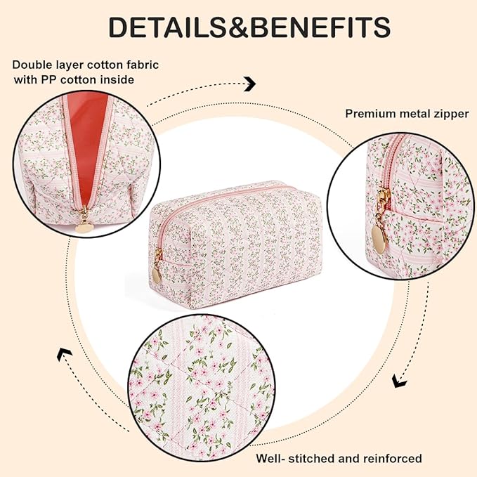 Cute Floral Makeup Bag Small Cotton Quilted Cosmetic Bag, Aesthetic Essential Bag Emergency Bag Gift for Women Girls Travel Accessories (Pink Floral)
