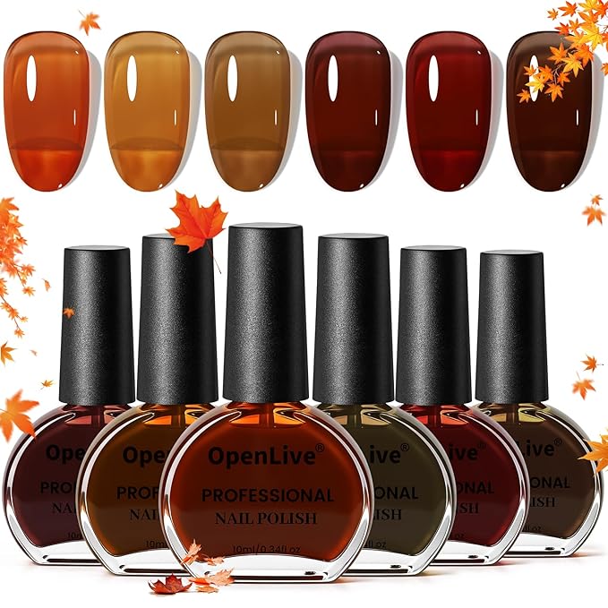 OpenLive 10ml Fall Jelly Nail Polish Set 6 Colors Gold Maple Leaf Pumpkin Yellow Burnt Orange Art Nail Polish Quick Dry for Women Girls Gift