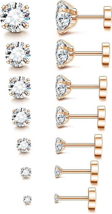 Fansilver 20G Hypoallergenic Flat Back Earrings for Women Men Silver 14K Gold Stainless Steel Stud Earrings Brithstone Cubic Zirconia Studs Surgical Steel Cartilage Earrings for Sensitive Ears