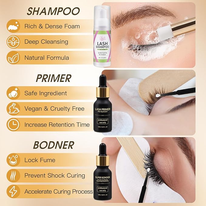 Miuffue Lash Bonder Primer and Shampoo Kit for Eyelash Extensions, Glue Accelerator Lash Sealant, Pre-treatment Primer Protein Oil Cleanse Remover, Makeup Tools for Professional Use (15ml+15ml+60ml)