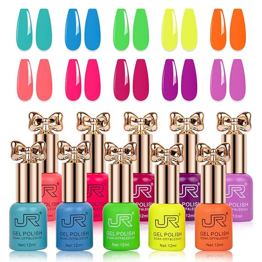 JR Gel Nail Polish 10pcs 0.4oz Neon Gel Nail Polish Set Vibrant Neon Colors Nail Art Kit for Rave & Summer Festivals, Elegant Bow Bottle Design, Quick Dry & Chip-Resistant Gifts for Women E Model