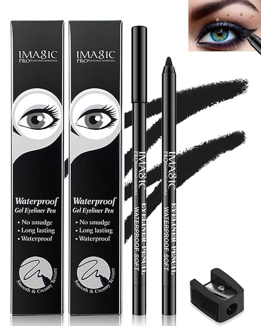 2Pcs Black Waterproof Smudge-proof Gel Eyeliner Pencil with Sharpener, Fade-Proof Eye Liner Pencil Smooth Water Line Pen,Thanksgiving Cat Eye/Smoky Eye Makeup Pen for Girls Mature Older Women
