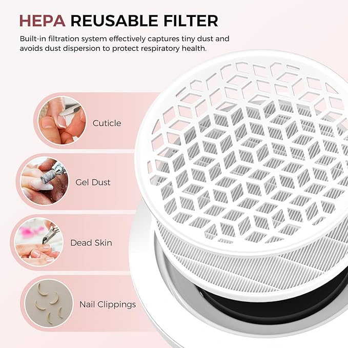 MNAFKT Nail Dust Collector for Nail Tech & Acrylic Nail Polishing - Ultra-Quiet 8000RPM Turbo Brushless Motor, Reusable Filter & Magnetic Detachable Design for Professional Salon, Home Use & Crafts