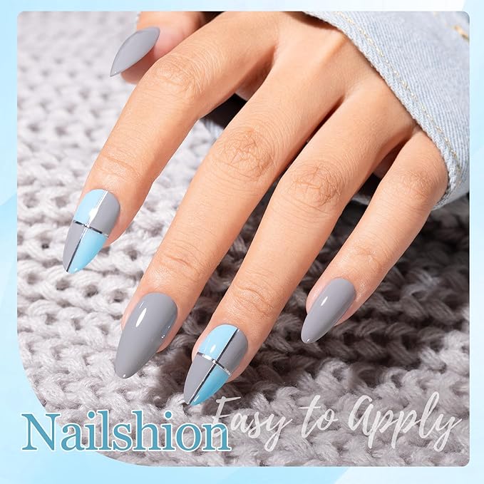 Nailshion Dusty Gray Blue Nail Polish, 2 Colors Fast Air Dry Fingernail Polish Duo, Light Blue, Non-Gel, Vegan, Opaque, Long-lasting Glossy Nail Art DIY Home Travel Manicure