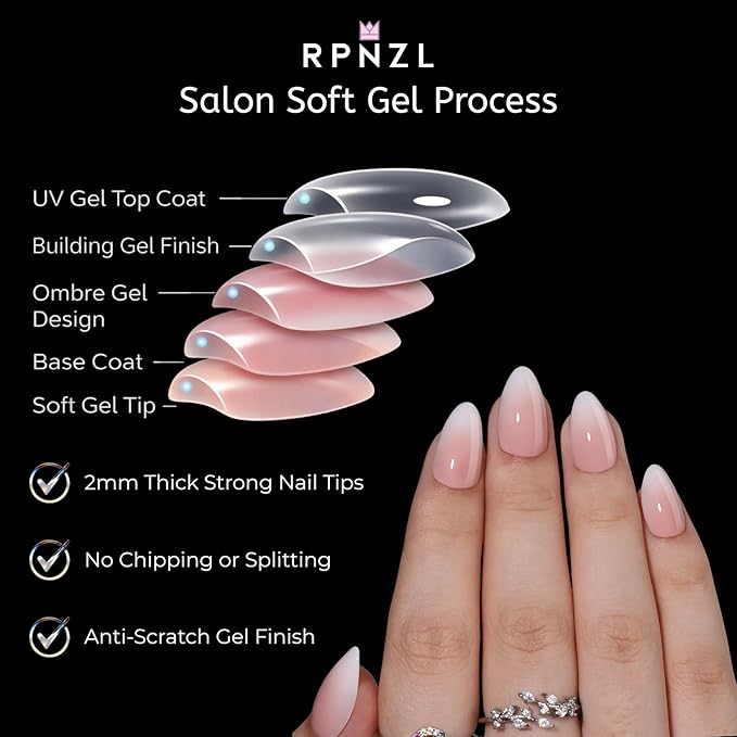 RPNZL Press On Nails - Cappuccino | Ombre Design French Tip, UV Finish Almond Nails, Salon Quality | 32 Nails, 16 Sizes Kit with Glue and Adhesive Tabs I Female Founded