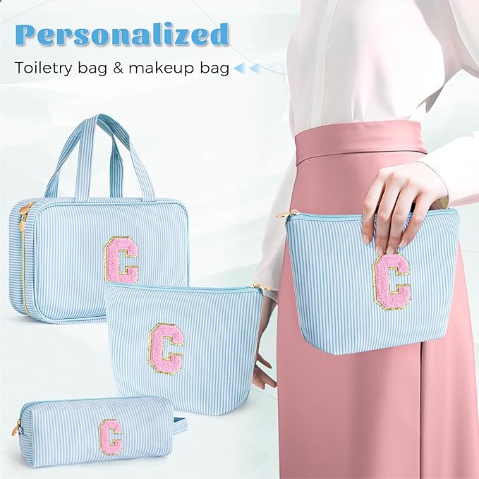 Preppy Toiletry Bag Makeup Bag for Women Her - Personalized Cute Makeup Pouch for Girlfriend Bridesmaid Wife Mom | Travel Toiletry Cosmetic Bag for Friend | Birthday Gift Idea - Blue C