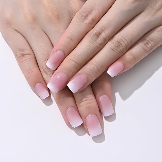XZMeiLun Pink Ombre Press On Nails Short Square, Gradient French Tip Designer Fake Nail Reusable Real Acrylic Nails for Women, Glossy Soft Gel False Nail with Glue On Nails, Wedding Stick On Nail