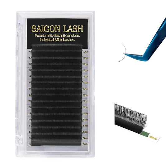 SAIGON LASH Eyelash Extensions, Mink Lash, Volume & Classic Lashes for Professionals, J/B/C/CC/D/L/M Curl, 4-15mm Length, Soft Korean PBT Fiber, 16 Rows Lash Tray (Black-D-0.12-8-15mm)