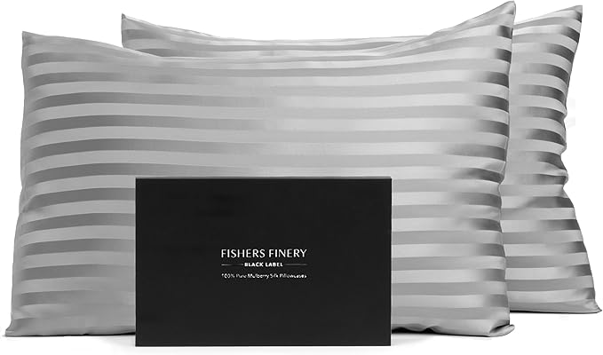 Fishers Finery 30mm 100% Pure Mulberry Silk Pillowcase 2 Pack, Quality Tested (Gray Stripe, Standard, 2 Pack)