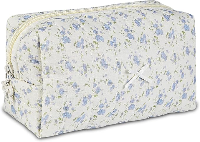 Quilted Makeup Bag Floral Cotton Make up Bag Puffy Coquette Makeup pouch Aesthetic Cute Travel Toiletry Bag for Women Girls