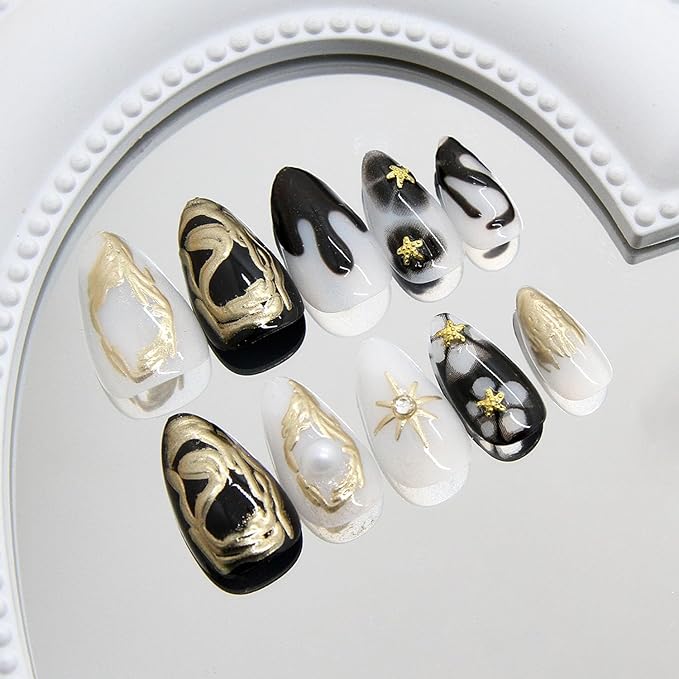 Chrome Gold Press on Nails Almond Fake Nails 3D Gold Star Totem False Nails with Glitter Rhinestones Nail Designs Charms Press on Artificial Nails Glossy Full Over Stick on Nails for Women DIY Decor