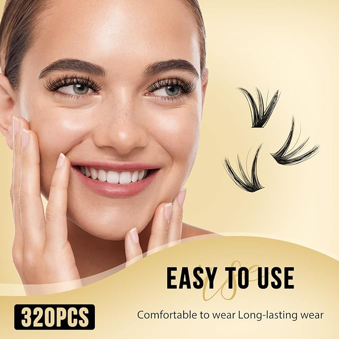 QUEWEL Lash Clusters 320Pcs Cluster Lashes 50D C Curl Lash Cluster Eyelash Extensions Mix12-18mm Individual Eyelashes Clusters Wispy Lash Clusters Thin Band Soft to Use at Home(50D C Mix12-18)
