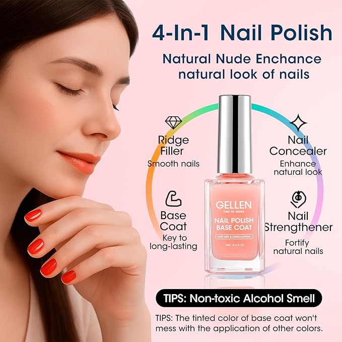 GELLEN Clear Nail Polish Base Coat Sheer Tinted Nude, Natural Color Regular Nail Polish, Calcium Formula Strengthens Nails, Enhances Natural Look, Quick Air Dry, Anti-Yellowing, Hema Free, Non-toxic